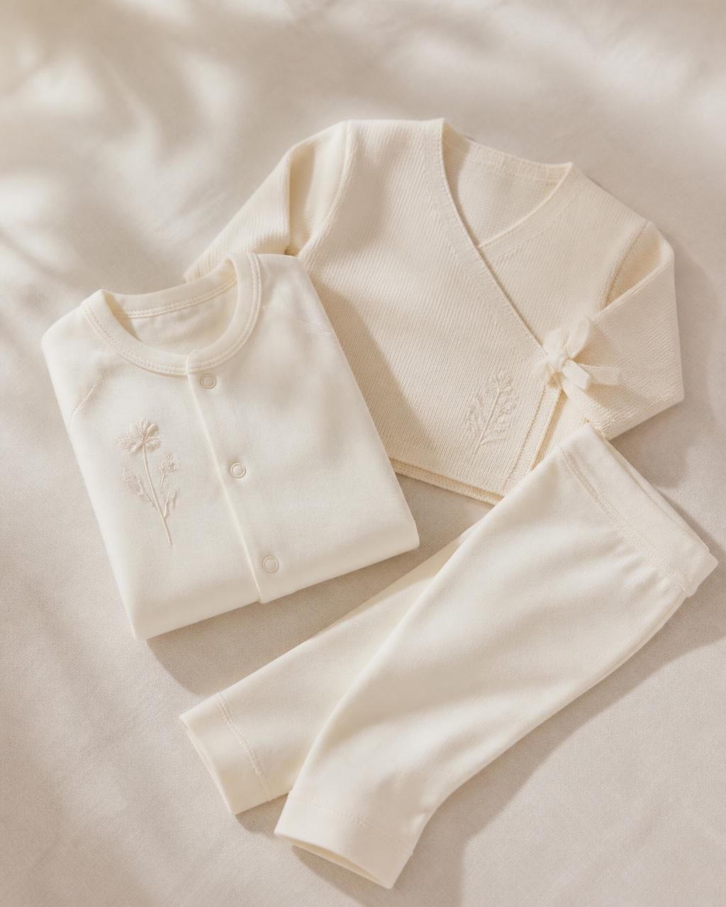 The Coming Home Set — A sleepsuit, wrap cardigan and soft legging, given together.