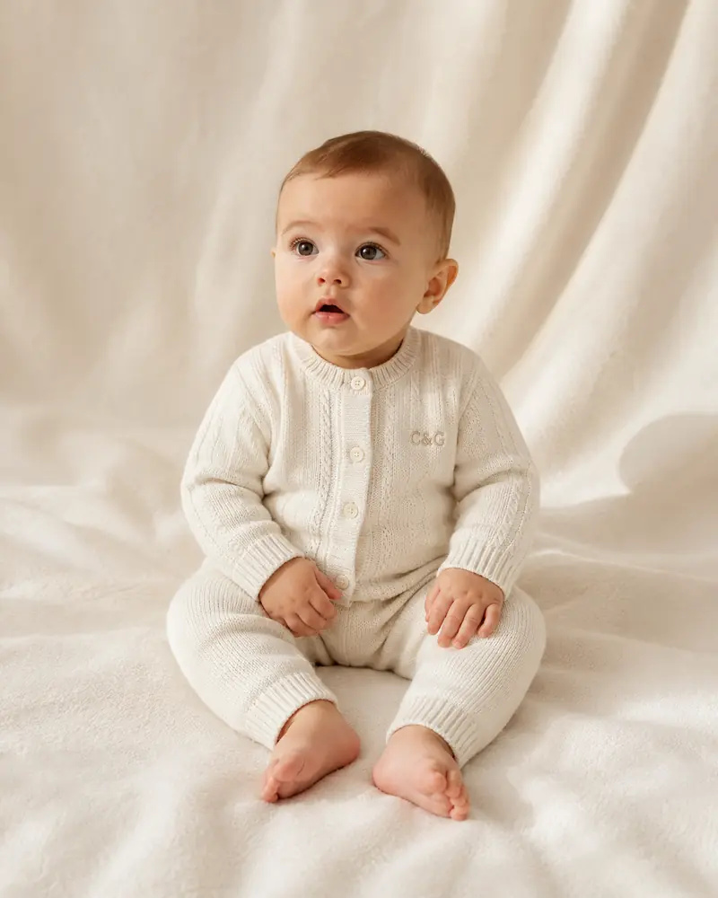 The First Knit Set — A knitted cardigan and trouser, given as a pair.