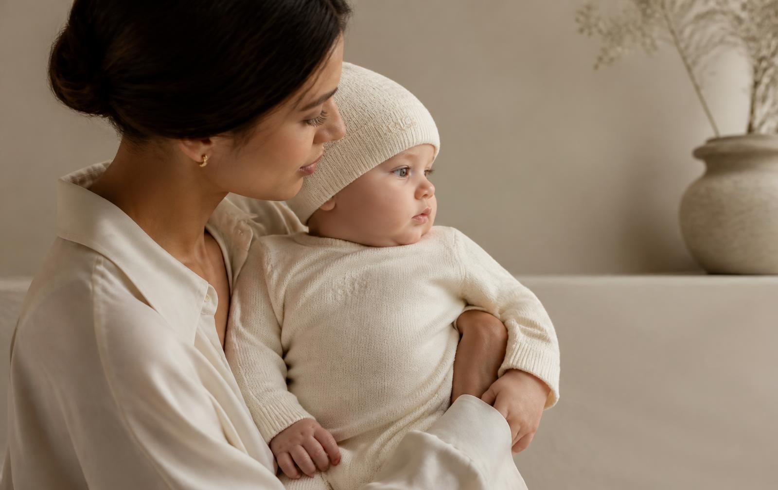 A parent holding a baby dressed in an ivory Cloth & Glitter knitted set