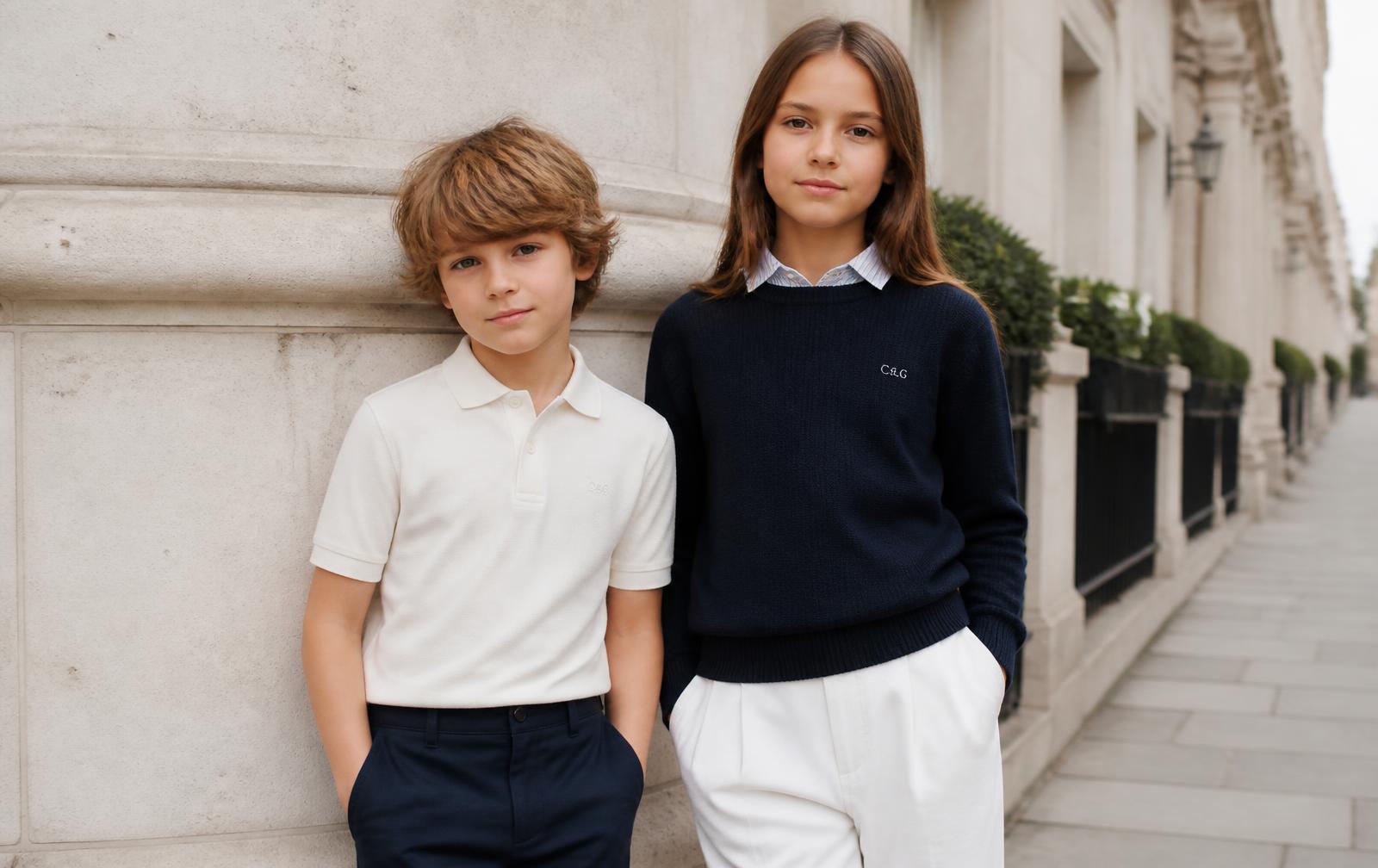 Two children in an ivory Cloth & Glitter polo and a navy knit on a pale London street