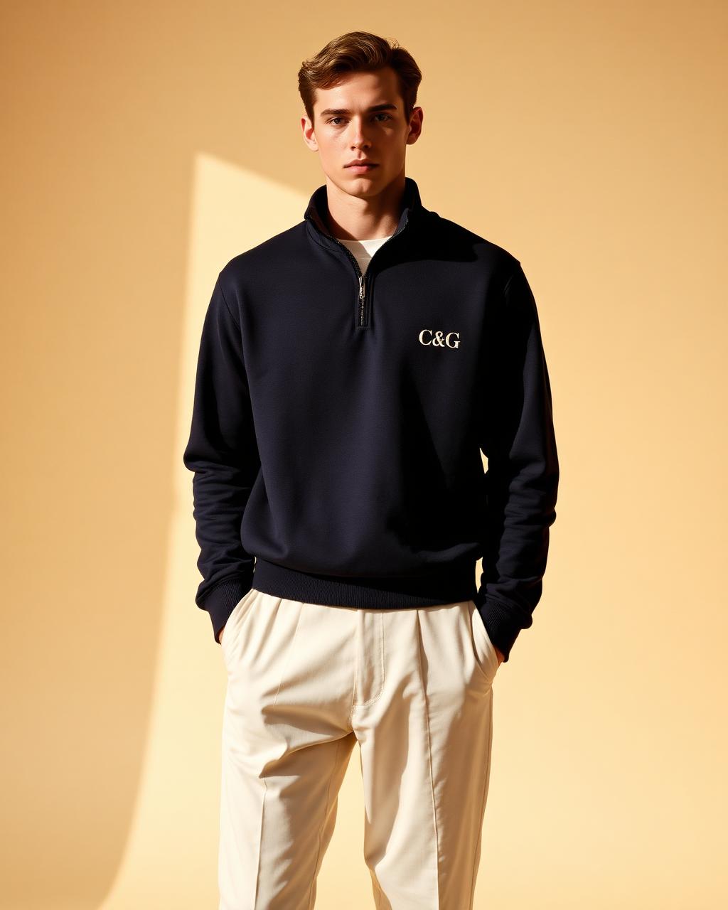 The Belgravia Quarter Zip — Standing collar, clean quarter placket.