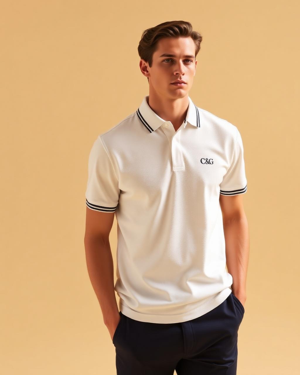 Model in an ivory tipped-collar Cloth & Glitter polo