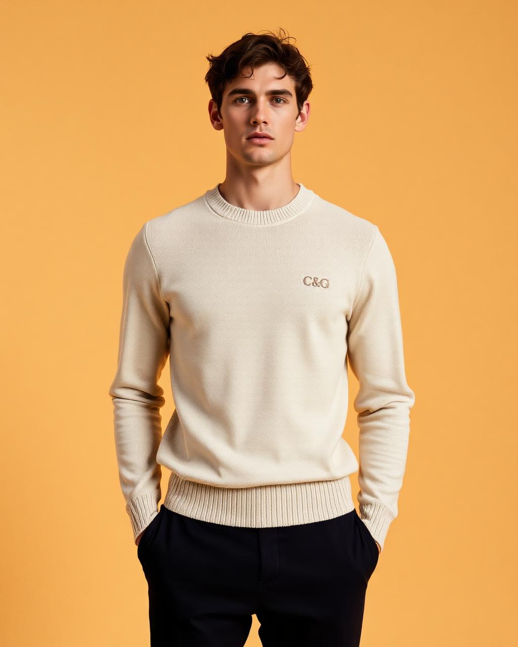 Model in an ivory fine-gauge Cloth & Glitter crew knit