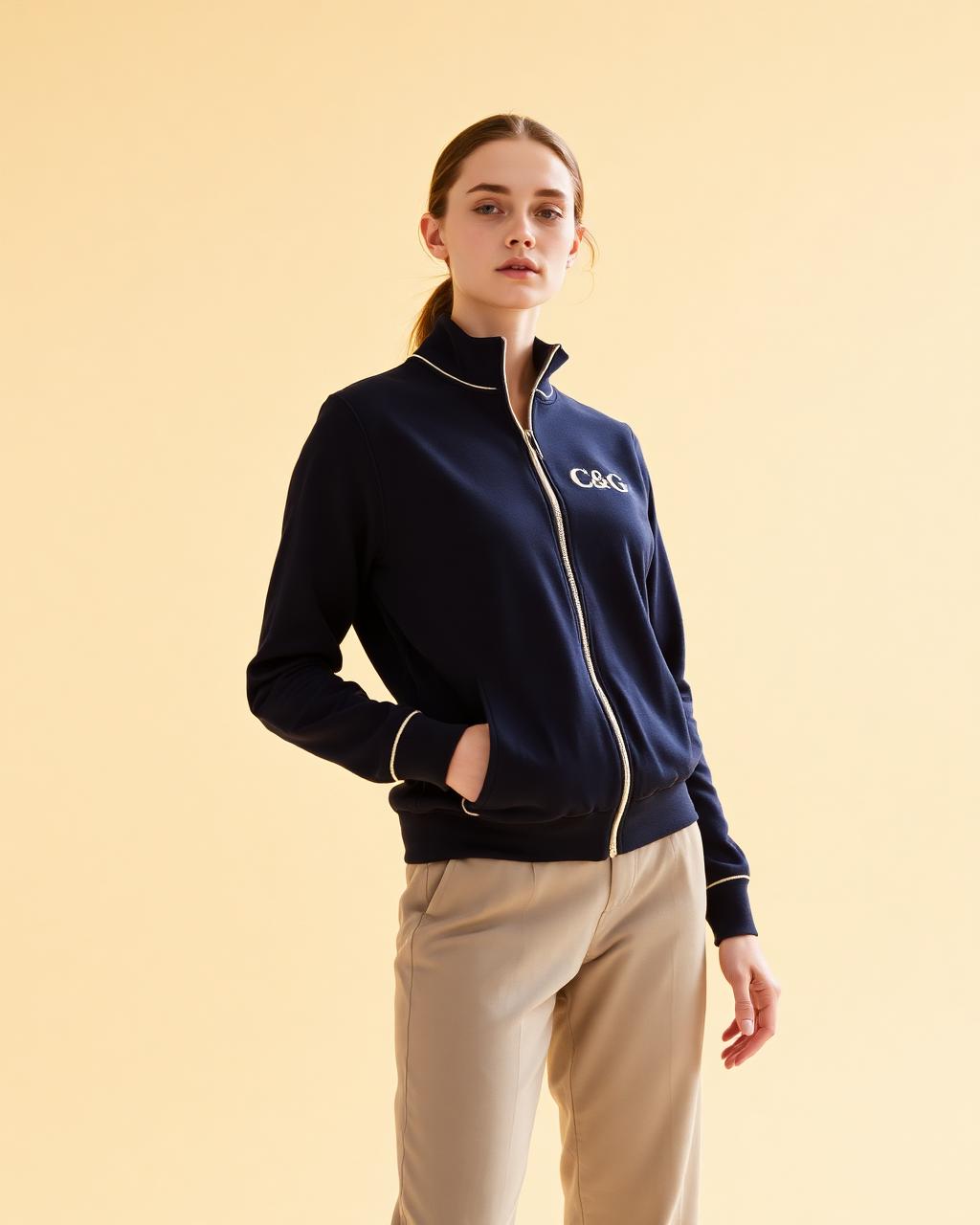 The Chelsea Zip Sweat — A track-style zip top with fine ivory tipping.