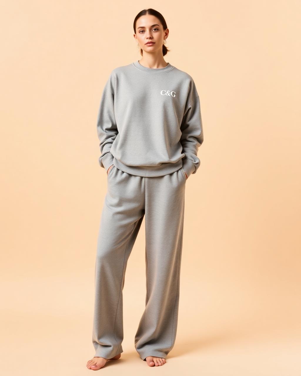 Model in a heather grey Cloth & Glitter coordinated lounge set